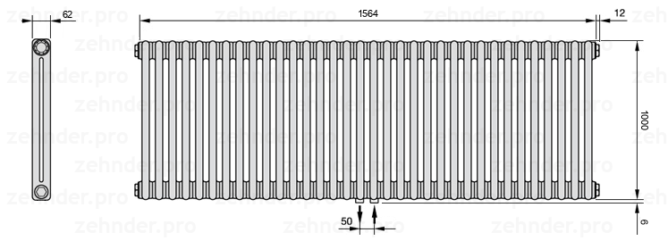Схема (чертеж) Радиатор Zehnder Charleston 2100/34 №5410 Белый глянцевый RAL 9016